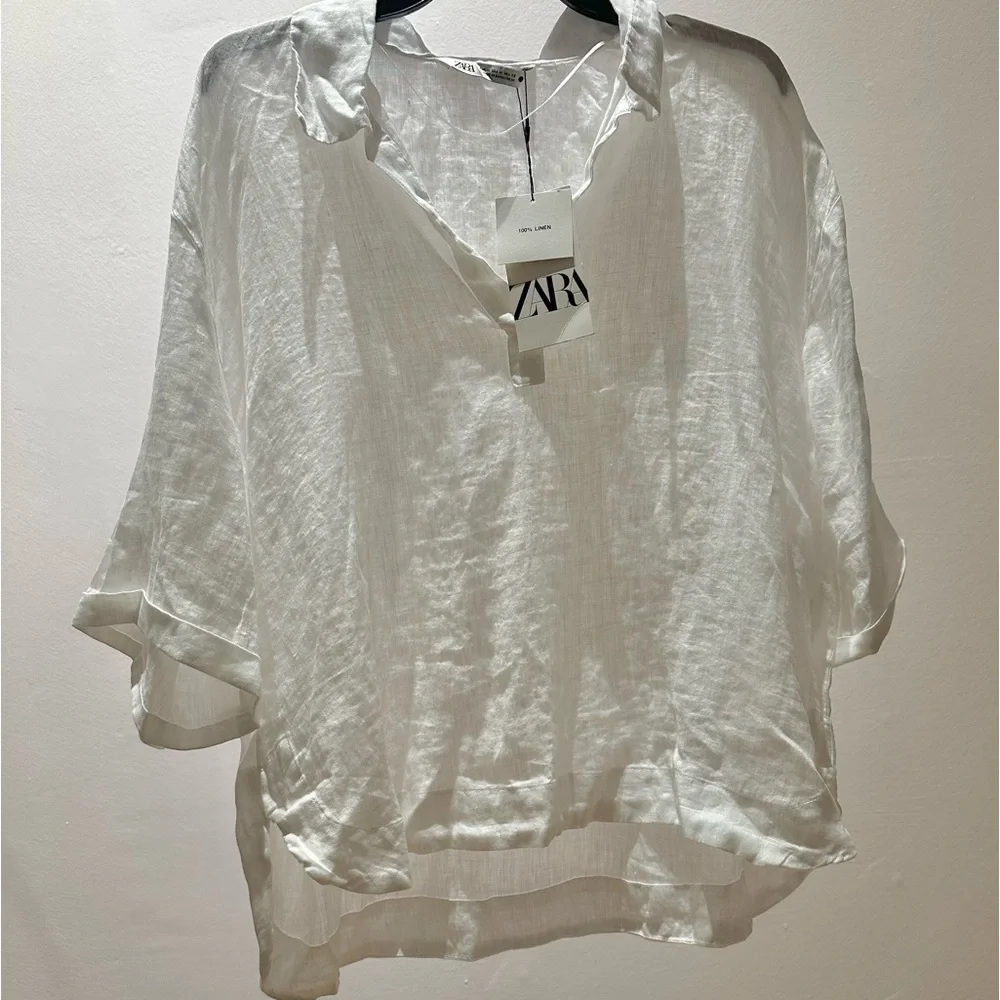 Zara White Lightweight Linen-Blend Button Shirt - Picture 8 of 9